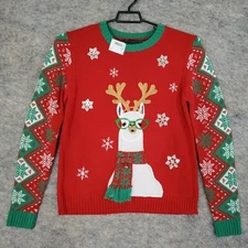 33 Degrees Christmas Sweater Mens Small 3D Lama Red Green Sequin Bell Tassels 