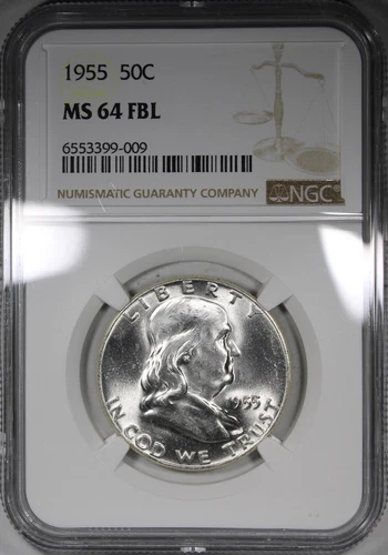 1955 Franklin Half Dollar NGC MS64FBL Full Bell Lines Mostly White Coin Flashy