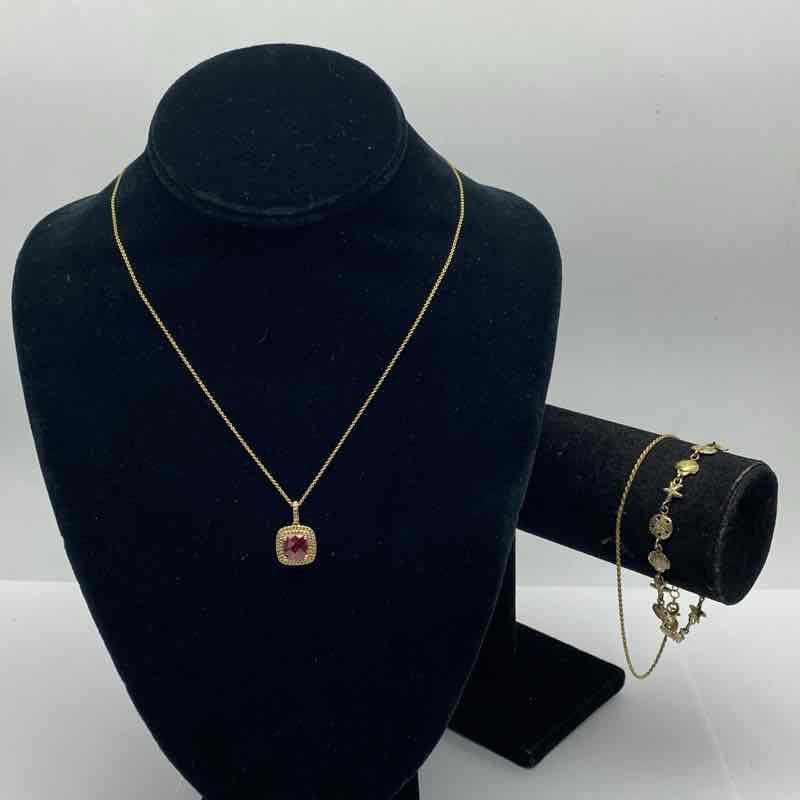 AV Sterling Silver 925 Gold Tone Red Stone Necklace & Nautical Charm Bracelet