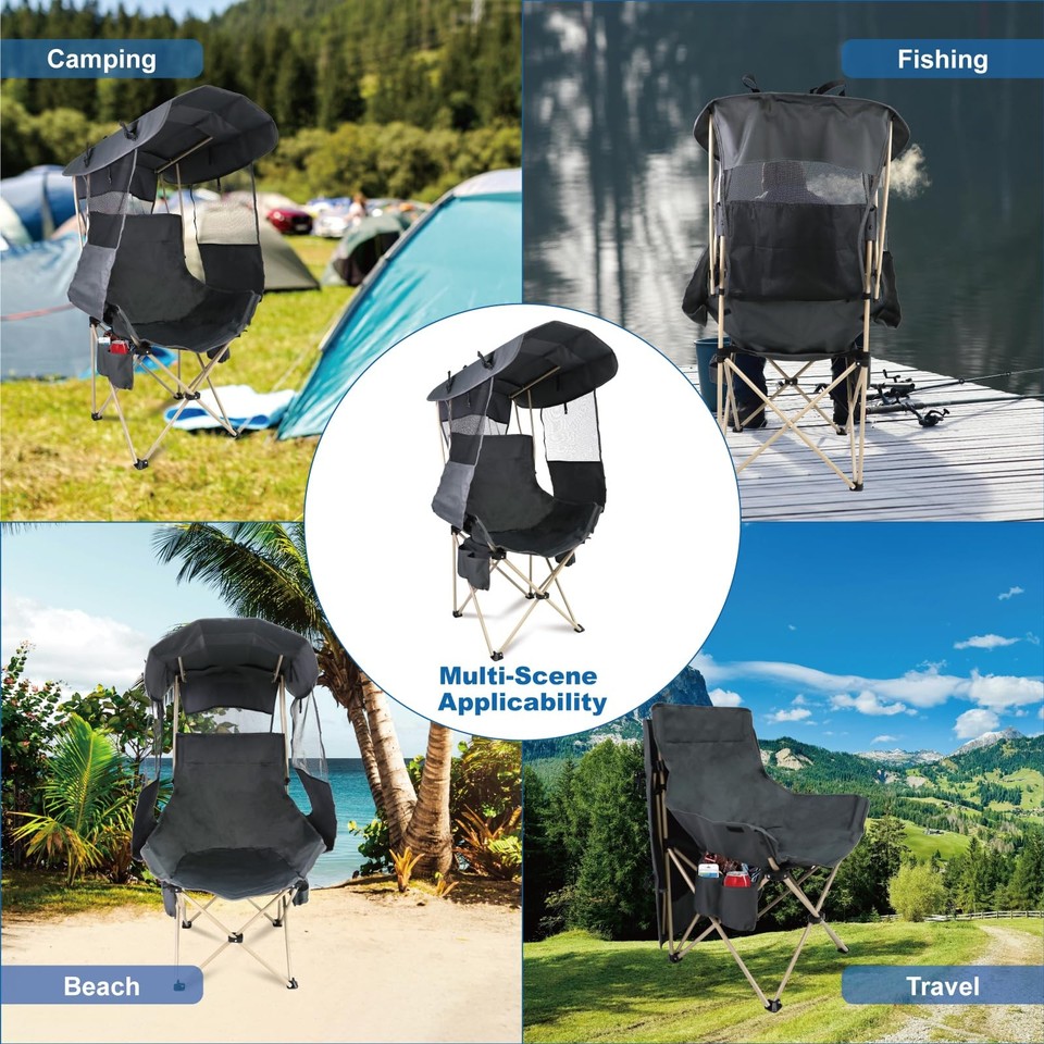 USED** Folding Camping Chairs Canopy Outdoor: Sports Portable Beach Chair With Canopy Lawn Beach Chairs With Umbrella For Adults Camping Chair With Shade For Fishing Camp Heavy Duty Casual Grey