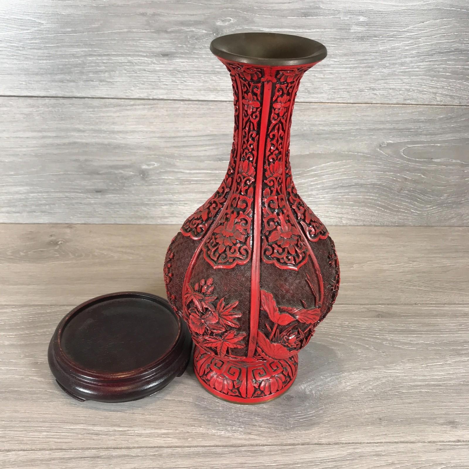 Chinese Carved Cinnabar (Not Confirmed) Lacquer Vases W/ Wooden Base image 5