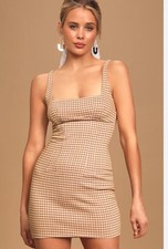 Astr The Label Women's L Square Neck Daisy Bodycon Mini Dress Tan Gingham Plaid
