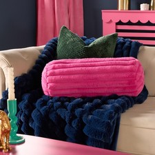 OHS Ribbed Round Bolster Pillow Faux Fur Filled Cushion Soft Neck Roll