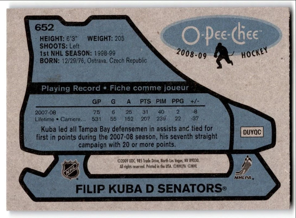 2008-09 O-Pee-Chee '79-80 Retro Filip Kuba #652 Ottawa Senators - Image 2 of 2