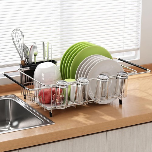 Compact Stainless Steel Dish Rack for Sink with Adjustable Features - Silver - Picture 8 of 9