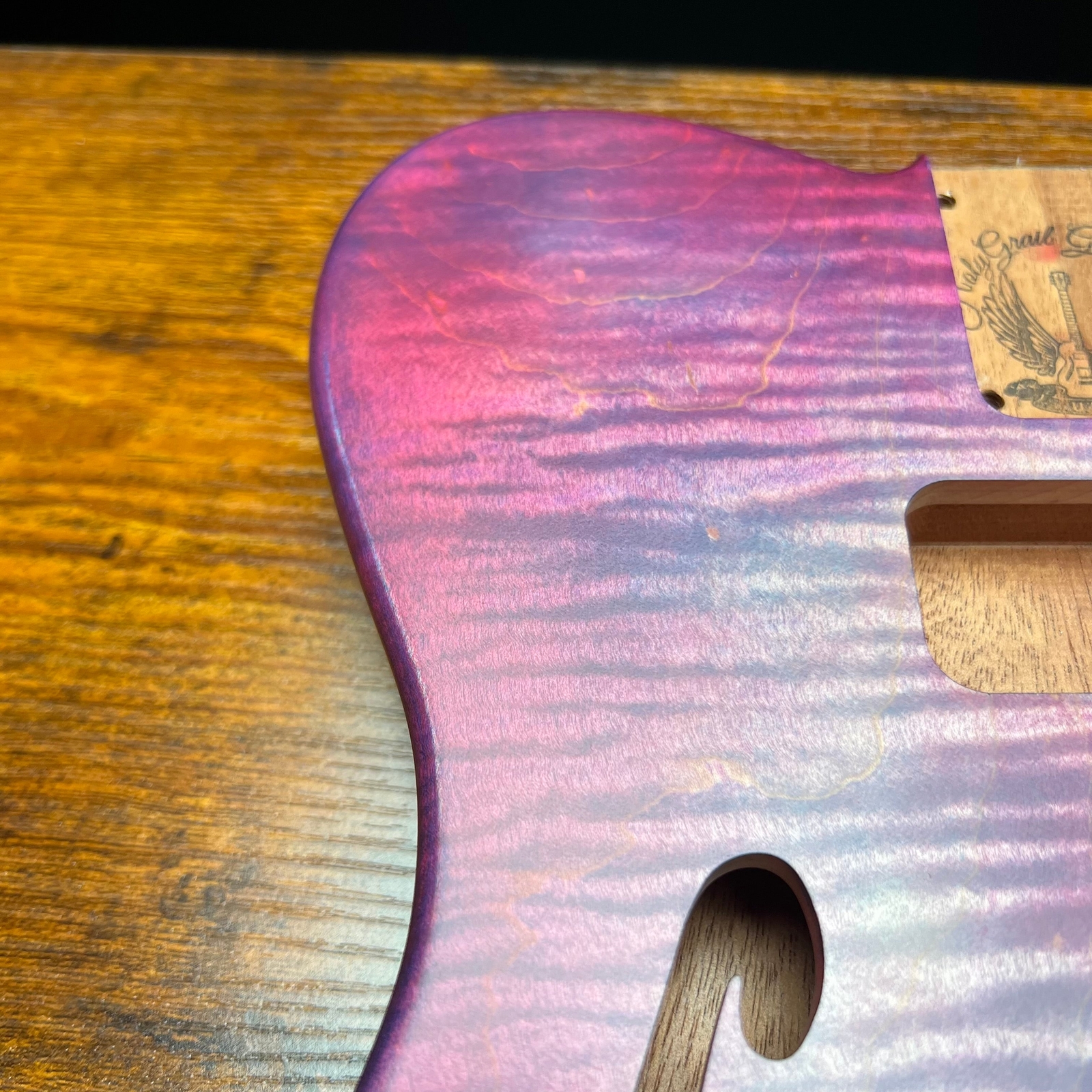 Holy Grail Guitars Tele Style Guitar Body “Purple Flames”Flamed Maple p90