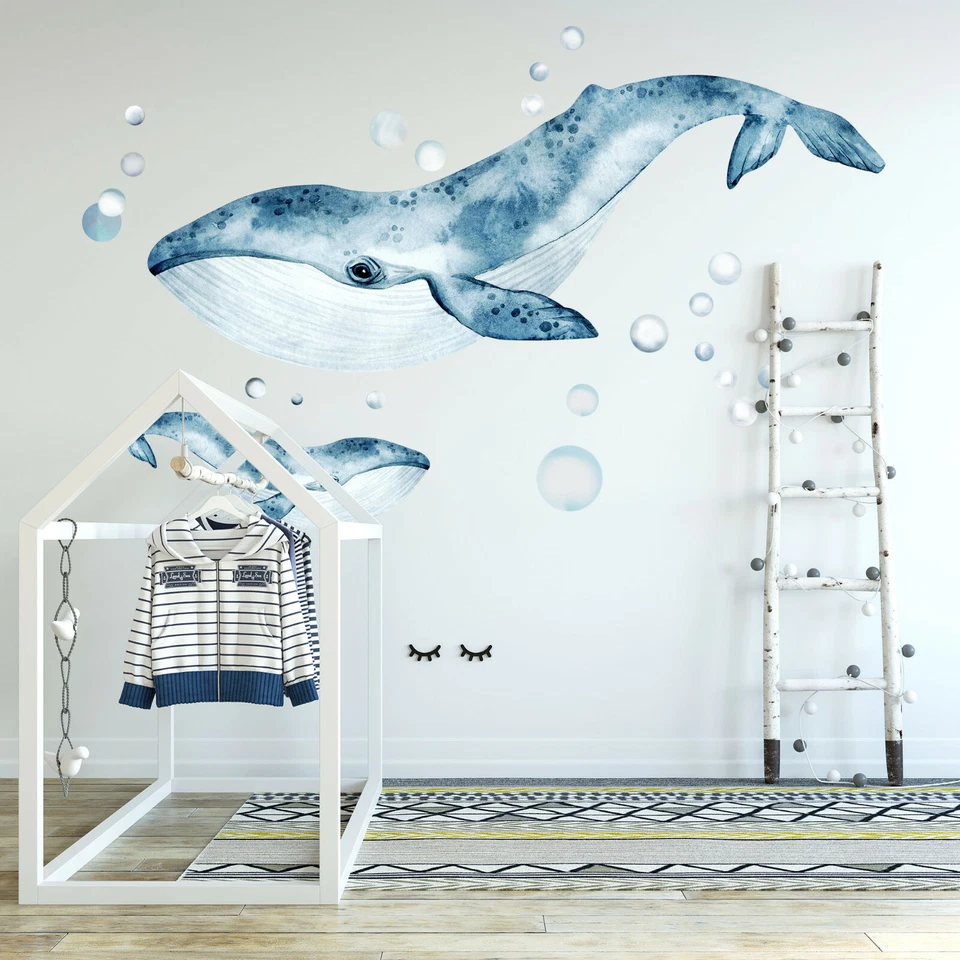 Watercolor Blue Whale Painting Wall Fabric Decal Set Sticker Baby Room Decor  - Image 2 of 2