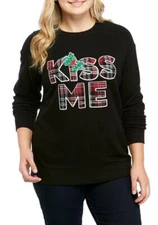 CROWN & IVY Plus Size 2X Black "Kiss Me" French Terry Holiday Top NWT $53