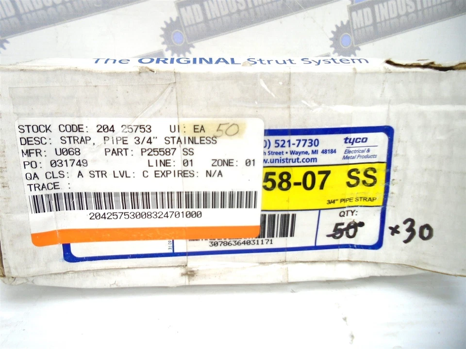 (30-SS CORREAS) UNISTRUT - P2558-07 SS - Acero inoxidable 3/4" CORREA TUBO PUNTAL - (NUEVO) Foto 2 de 4