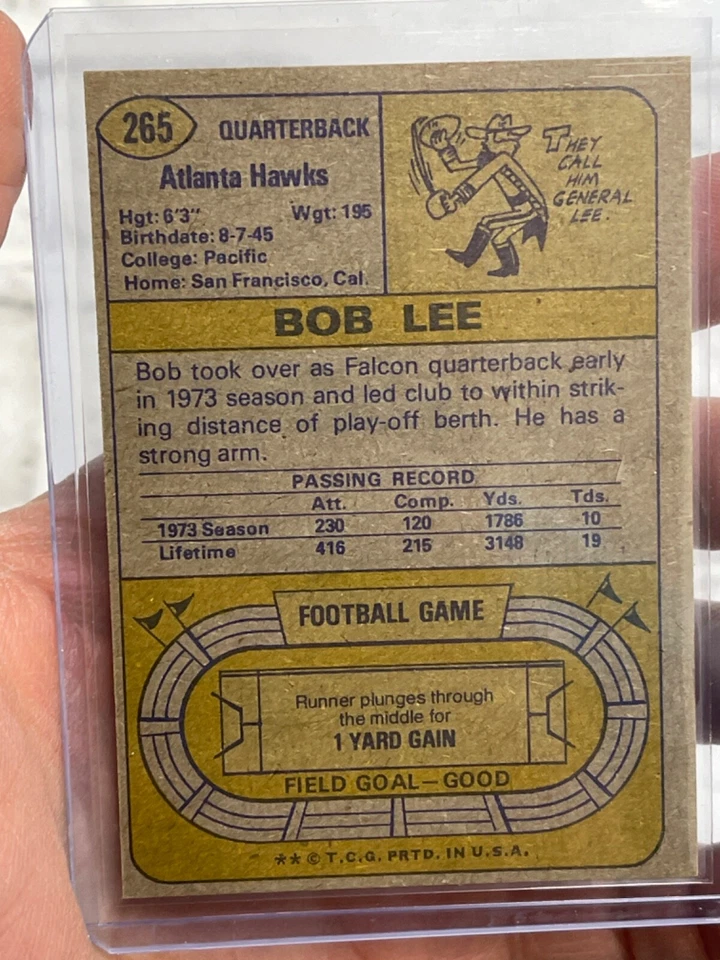1974 TOPPS FOOTBALL #265 BOB LEE NM-MT OR BETTER Atlanta Falcons Quarterback Vtg - Image 3 of 3