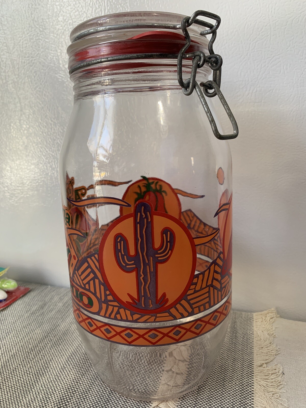 Arizona Pistachio Glass Canister Jar Vintage  Southwest Peppers Coyote Hinge Lid