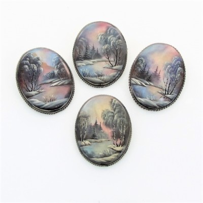 Broche Nacre Peinte Paysage Russe – Fedoskino, Bijou Fantaisie, Cadeau