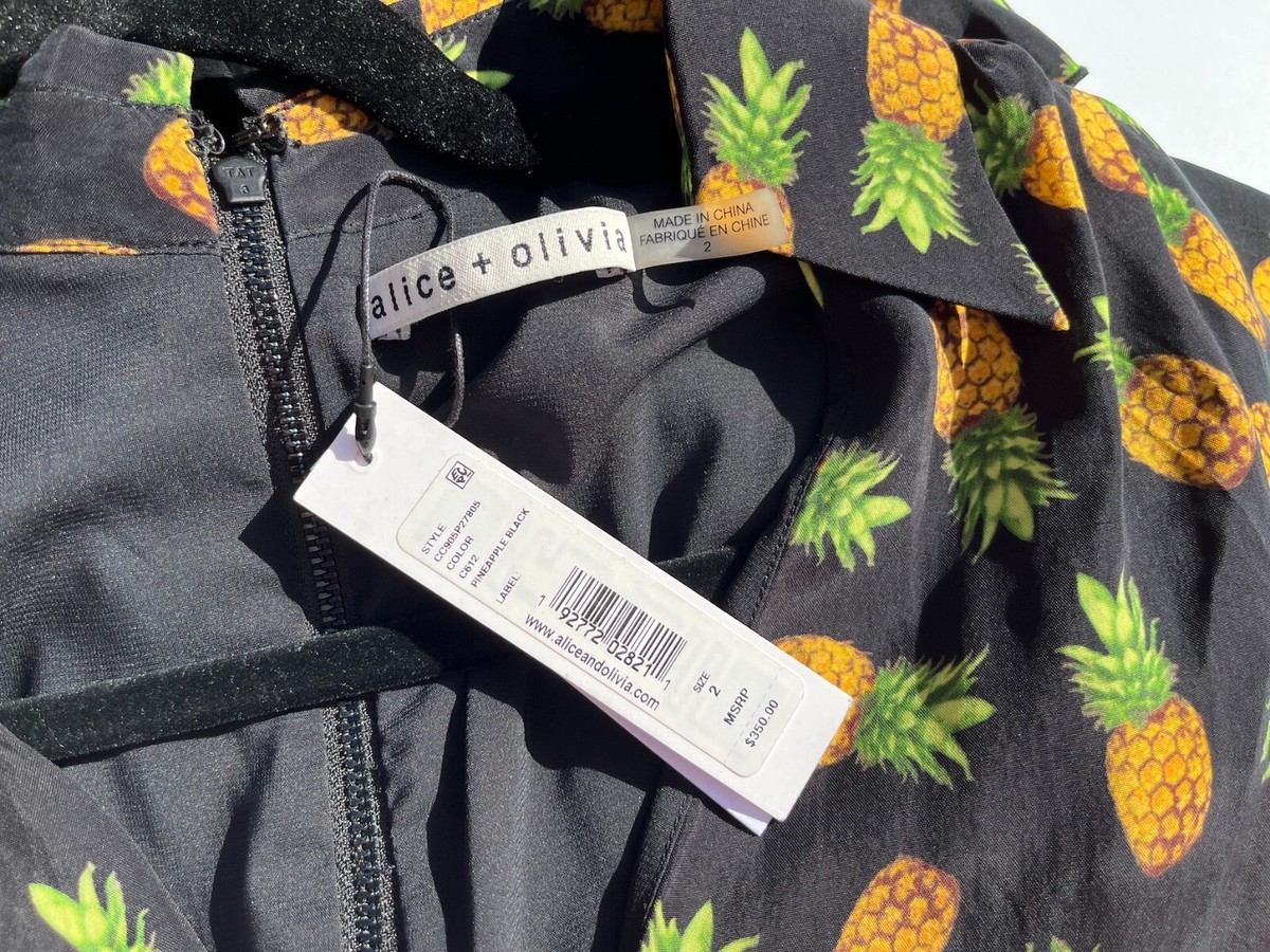 NWT Alice + Olivia Black V neck Pineapple Print Mini Dress Romper 