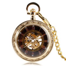 Retro Roman Numbers Mechanical Hand Winding Pocket Watch for Men Women Chain