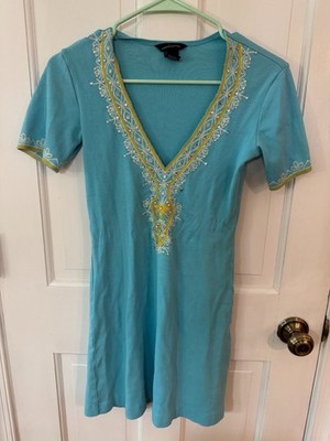 Moda International Beaded Teal Dress M Short Sleeve Gypsy Boho Ribbed Vibe