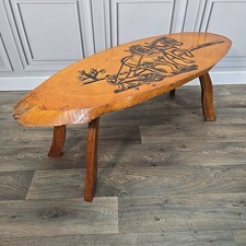 Vintage Rustic Coffee Table Carved Hardwood Slab Top Folk Art Horse Scene Iroko?