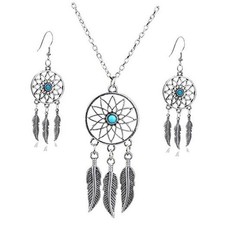 3pcs Women Retro Silver Turquoise Feather Dream Catcher Pendant Necklace