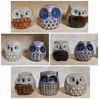 10x Vintage Emson Miniature Hollow Owl Glazed Black & Blue Eyes Stoneware MCM