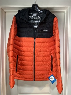 Mens Medium Columbia Powder Lite II Hooded Jacket Black Orange Puffer Insulated