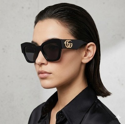 Gucci GG Oversized Sunglasses Black Gold Cat Eye Grey Lens, 54mm Luxury Eye-wear