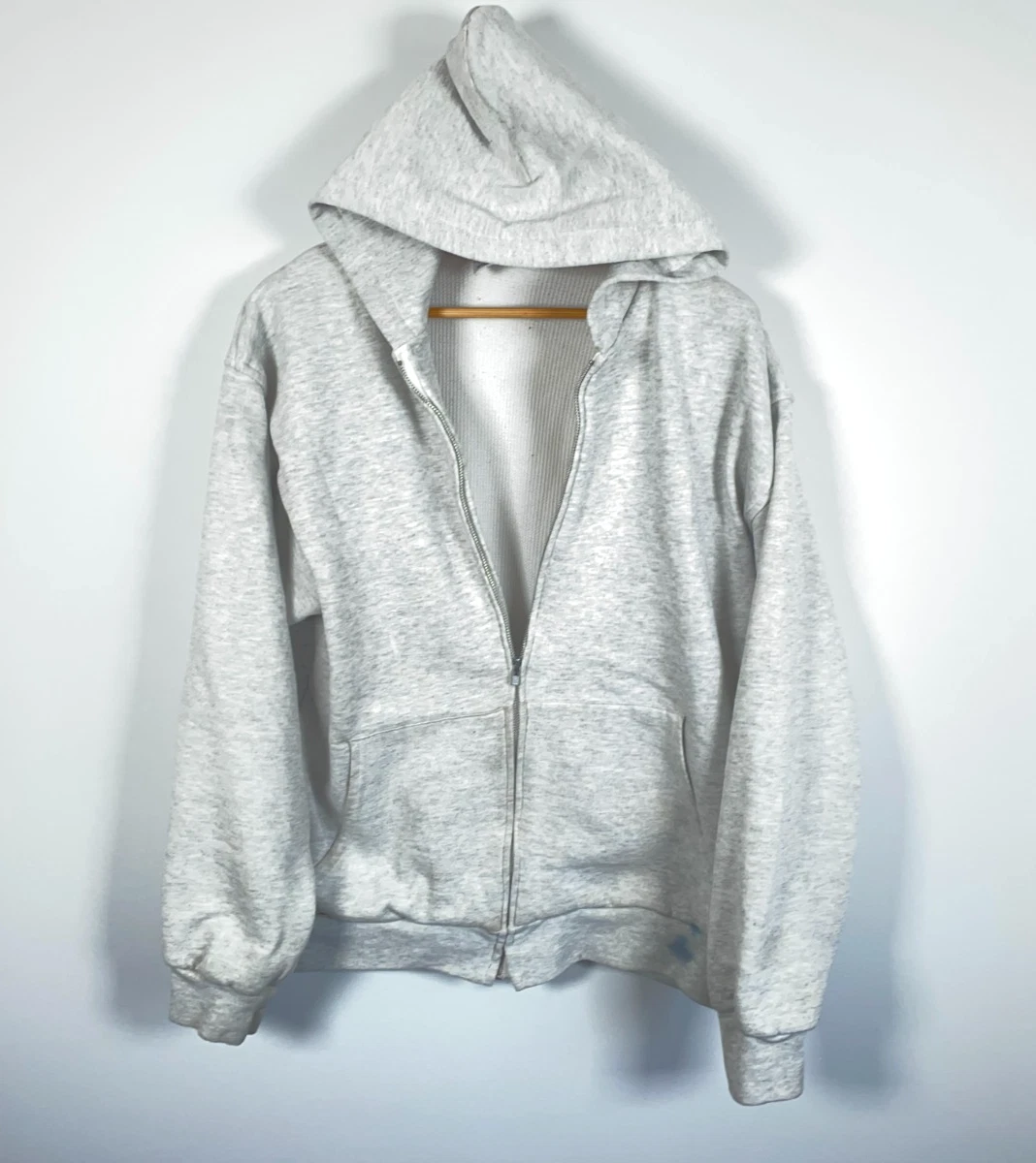 90s Thermal Lined Zip Hoodie Men's Large Heather Gray Sweatshirt Pluma (flaws)