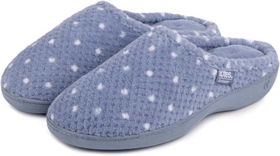 TOTES Isotoner Ladies Popcorn Terry Mule Slipper Iris Blue Spot 4 UK