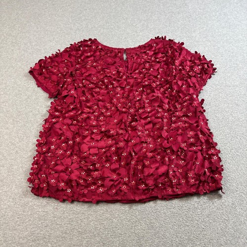 Anthropologie Varun Bahl Top Womens 8 Red 3D Floral Short Sleeve Blouse Elegant - Picture 2 of 9