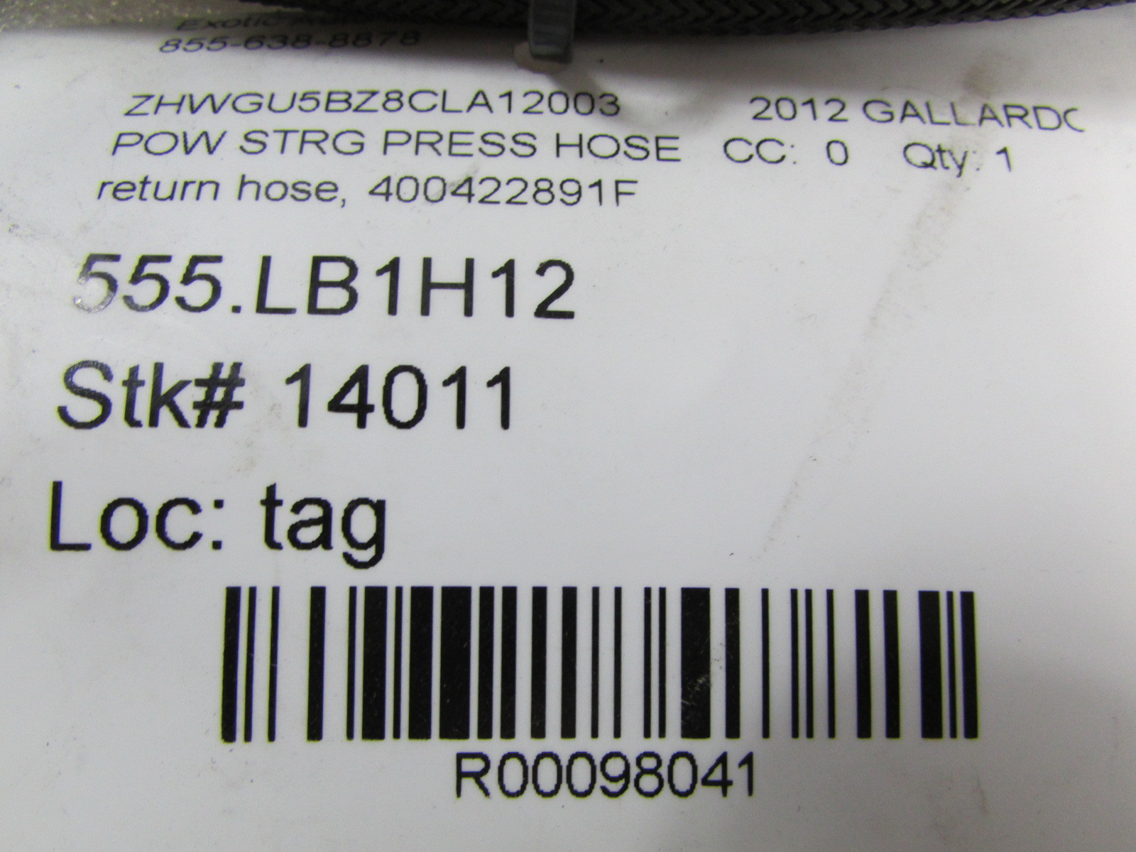 Lamborghini Gallardo, Power Steering Pressure Return Hose, Used, P/N 400422891F