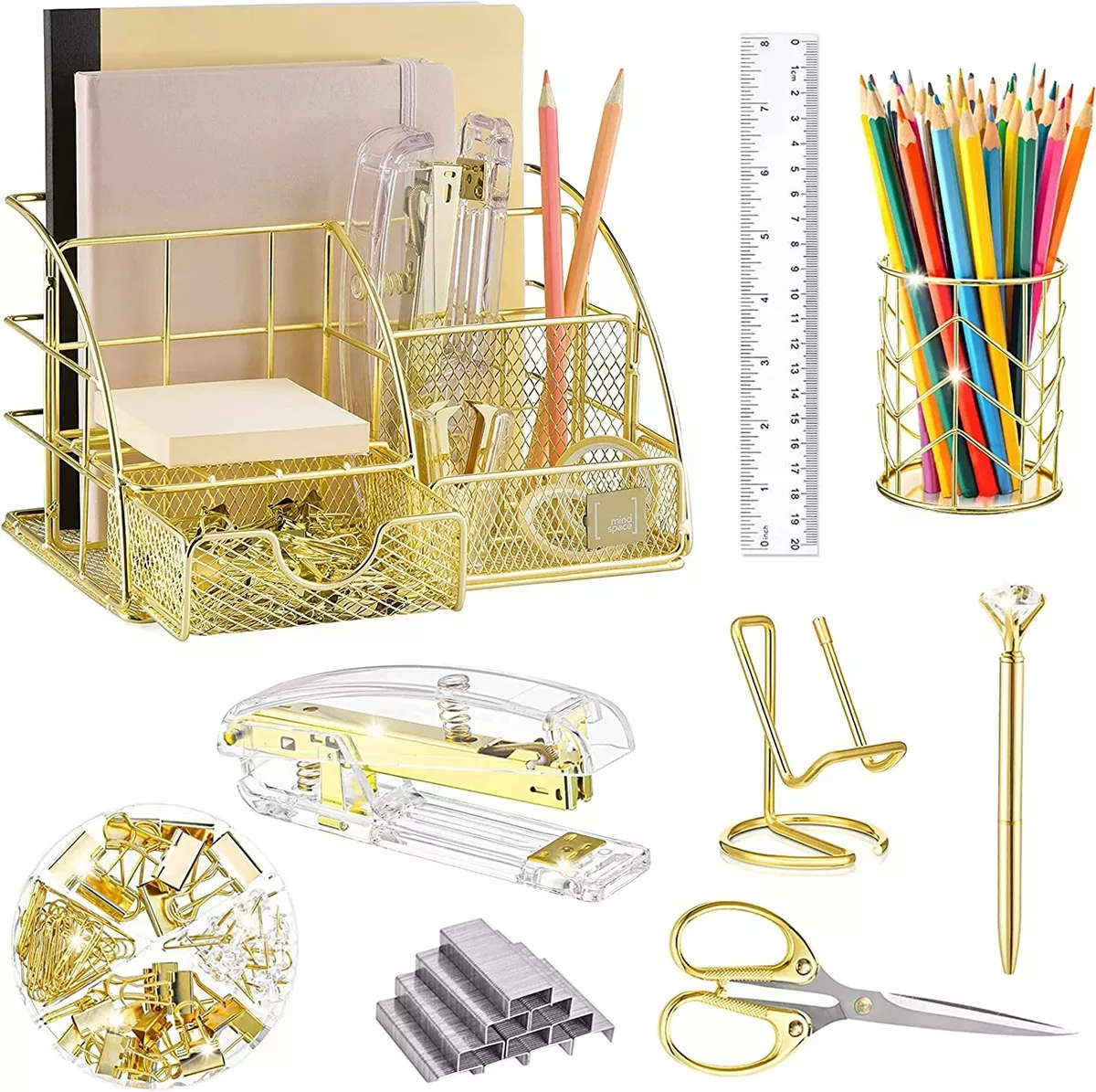Gold Desk Organizers and Stapler Set Include Desk Organizer Phone Holder Scissor