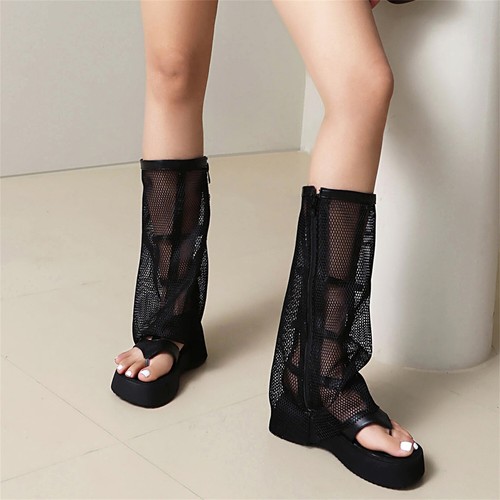 Damen Mesh Kniehohe Stiefel Flip Flop Clip Toe Weiche Sohle Plateau Sandalen - Bild 5 von 8