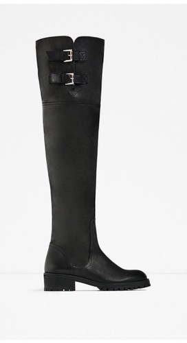Zara Women’s Over- The- Knee Leather Flat Boots Black 5 - Picture 2 of 6
