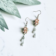 Peach Flower Blossom Pearl Dangle Earrings Springtime Floral NEW Boho US SELLER