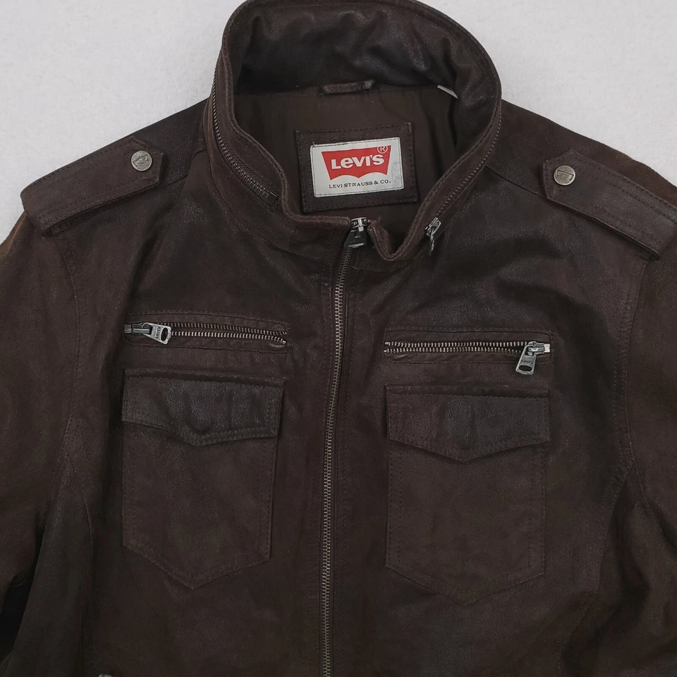 Chaqueta Levis Para Hombre Extra Grande Marrón Gamuza Cuero Militar Bombardero Ejército charretera Foto 2 de 4