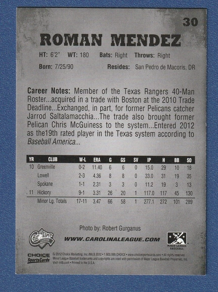 ROMAN MENDEZ 2012 Choice RC Carolina League Top Prospects #30 Rangers Rookie^ - Image 2 of 2