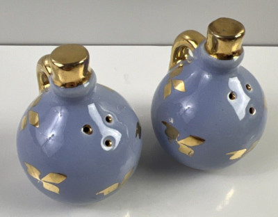 Hand Painted Salt & Pepper Shakers Vintage Blue Floral With Gold Painting