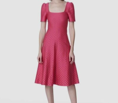 $2190 Carolina Herrera Women's Pink Polka Dot Square-Neck MIDI Dress Size Large