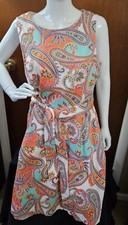 Nine West Sleeveless Orange & Turquoise Pais Fit-and-flare Pleated Dress Size 14