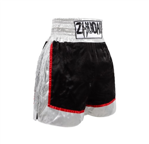Boxing MUAY THAI Satin Shorts MMA Gym Thai Boxing Trunks Mens White Tassels - Picture 5 of 10