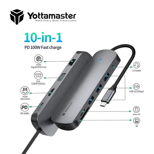 10 in 1 USB C Hub 4K HDMI Docking Station 100W PD USB 3.2 SD/TF Adapter Grau - Bild 11 von 12