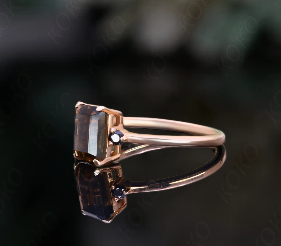 Anillo de compromiso de cuarzo ahumado de plata 925 enchapado en oro rosa de 14 quilates Foto 4 de 4