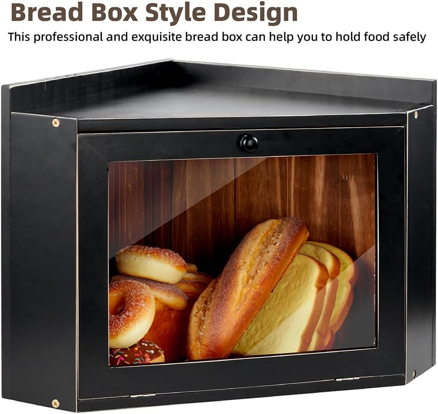 Extra Large Black Wooden Corner Bread Box for Kitchen Countertop with