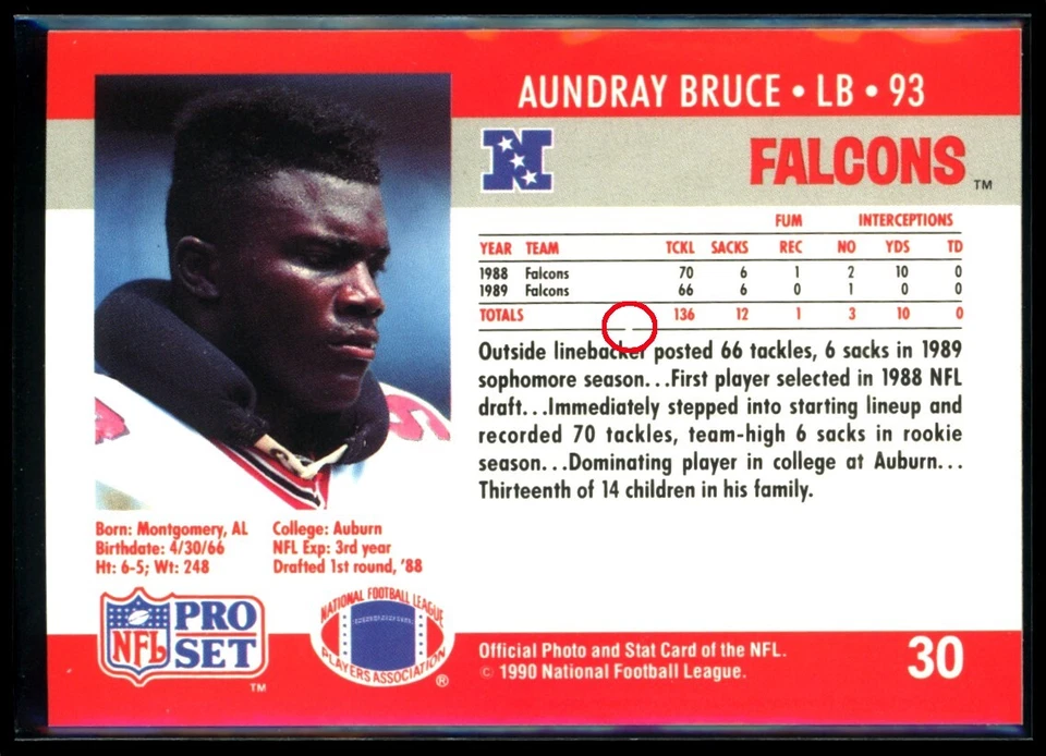 AUNDRAY BRUCE 1990 Pro Set #30 ERROR gap in line under stat totals C2 - Image 2 of 2