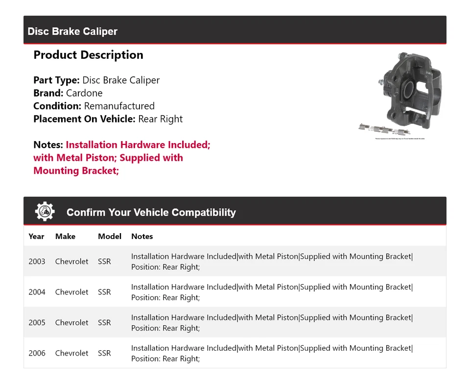 Pinza de freno de disco trasera derecha Cardone 2004 2005 para Chevrolet SSR 2003-2006 Foto 2 de 4