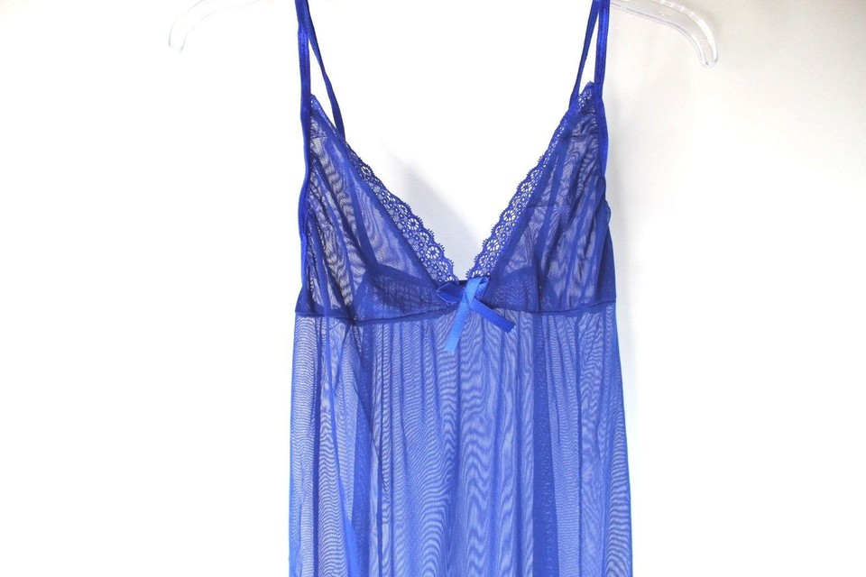 Women Sexy Long Lace See Through Nightie Dress Panties Set Blue