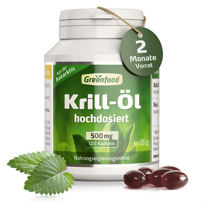 Greenfood Krill-Öl, 500 mg, 120 Kapseln, hochdosiert. Softgel-Kapseln.