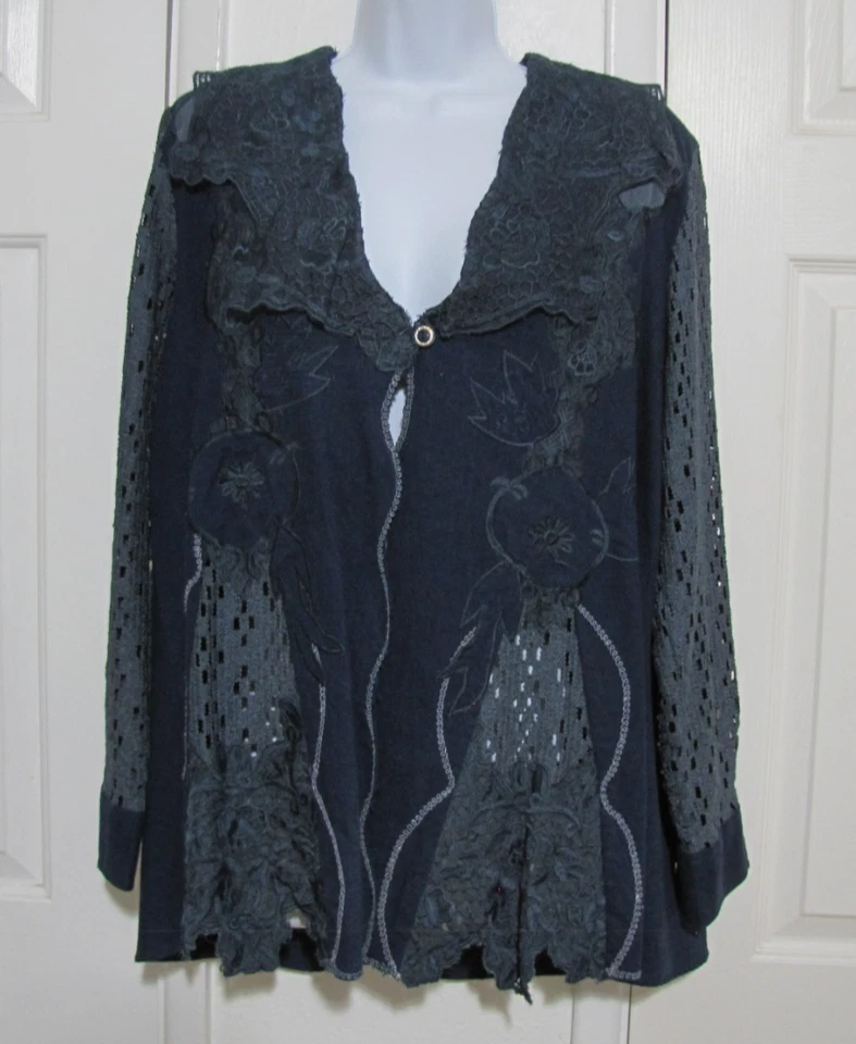 Chaqueta De Colección Newport News 1 Botón Azul Marino-Azul Denim Apliques Crochet Boho Wm. 12 Foto 2 de 4