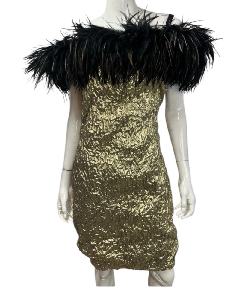 Vestido de Fiesta Vintage Años 80 90 Dave & Johnny 7-8 Dorado Metálico Plumas de Avestruz S/M Foto 2 de 4