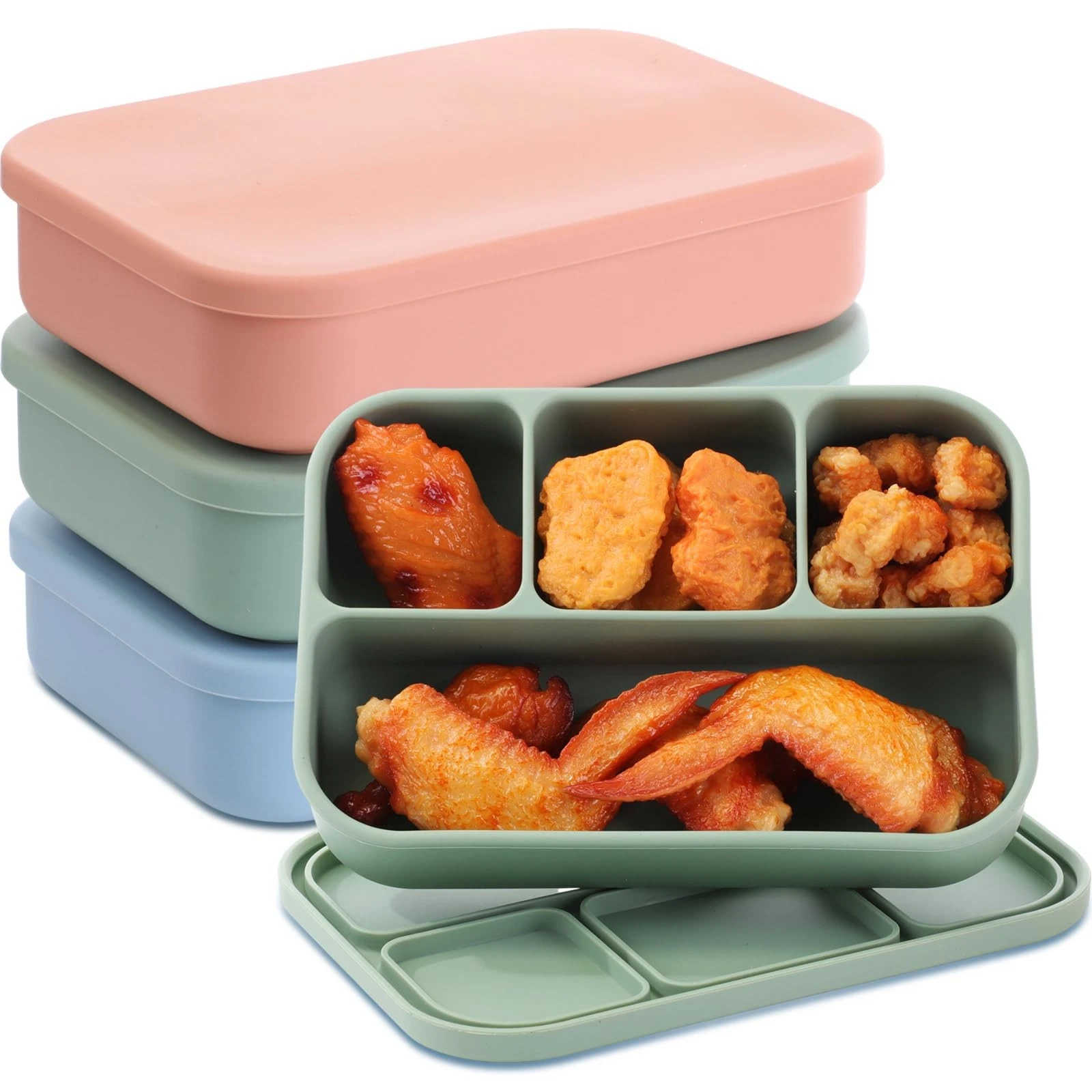 3 Pcs Silicone Bento Box Reusable Lunch Container 4 Compartment Leakproof Sna...