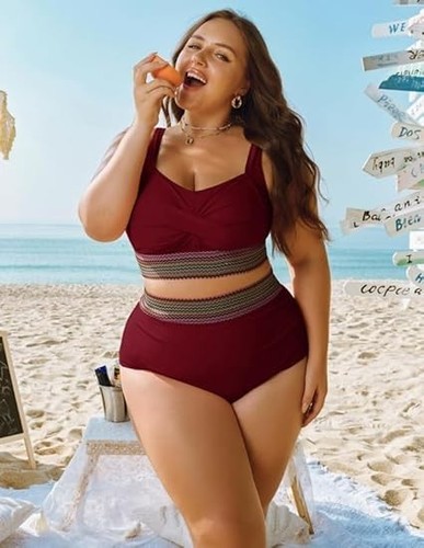 Womens Bikini Set Size UK18 Top High Waisted Control Brief Swimwear 2 Piece Red - Picture 3 of 5