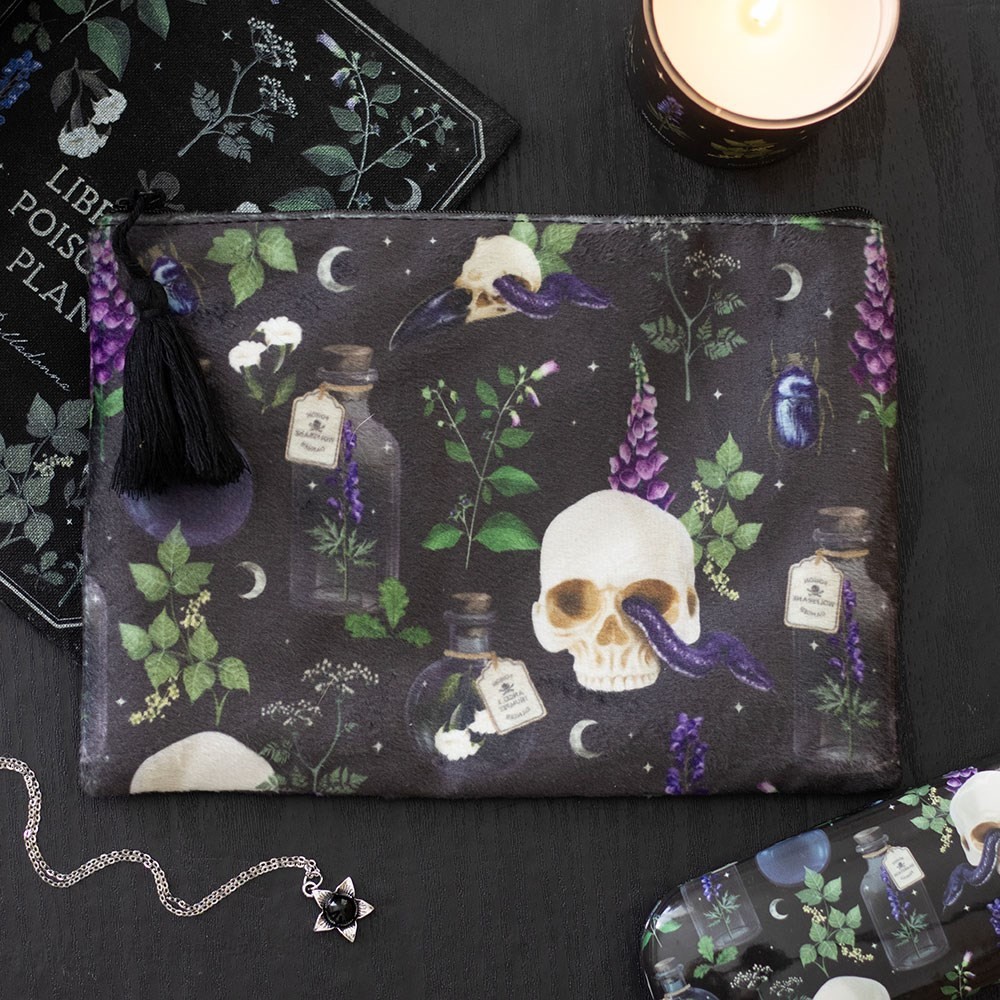 Venom  & Vines Poisonous Plants & Skulls Black Velvet Gothic Lined Make Up Bag
